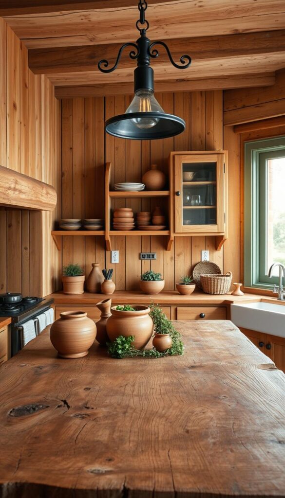 A rustic kitchen interior with warm, natural wood textures. The foreground features a rough-hewn wooden table, its surface marked by the knots and grains of the timber. Atop the table, a cluster of terracotta pots, a weathered pestle and mortar, and a bundle of fresh herbs. Hanging above, a simple wrought-iron light fixture casts a soft, ambient glow. In the middle ground, the walls are clad in distressed wooden planks, their surfaces lightly weathered. Cabinets and shelves made of knotty pine line the walls, holding an assortment of earthenware, ceramic dishes, and woven baskets. The background reveals a large window, its frame painted a muted shade of green, allowing natural light to flood the space and highlight the rustic textures. The overall atmosphere is one of warmth, authenticity, and a connection to the natural world.