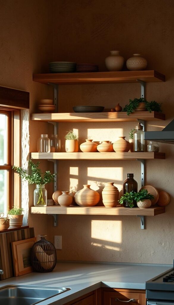 A rustic kitchen with open shelves crafted from reclaimed wood planks. The shelves are mounted on a textured earthy-toned wall, casting warm shadows and highlighting the natural grain patterns. An array of earthenware pottery, glass jars, and greenery adorn the shelves, complementing the organic aesthetic. Soft, diffused light from nearby windows bathes the scene in a cozy, inviting glow. The overall atmosphere evokes a sense of tranquility and a connection to nature, perfect for an earthy, stylish kitchen design.