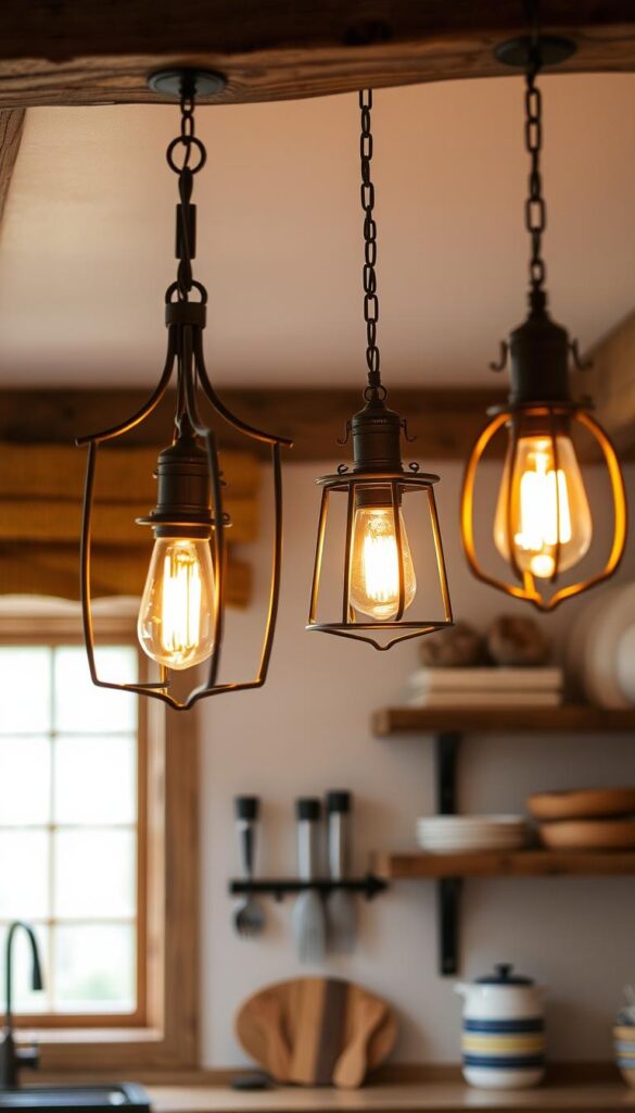 A rustic kitchen with warm, inviting lighting fixtures made of wrought iron and weathered wood. The fixtures are positioned above a wooden kitchen counter, casting a soft, ambient glow throughout the space. The lighting elements feature intricate ironwork designs, complemented by natural wood accents that create a cozy, farmhouse-inspired aesthetic. The fixtures are positioned at various heights, adding depth and visual interest to the scene. The lighting is not too bright, but just enough to illuminate the rustic, charming details of the kitchen. The overall mood is one of relaxation and comfort, perfect for a cozy, countryside-inspired cooking space.