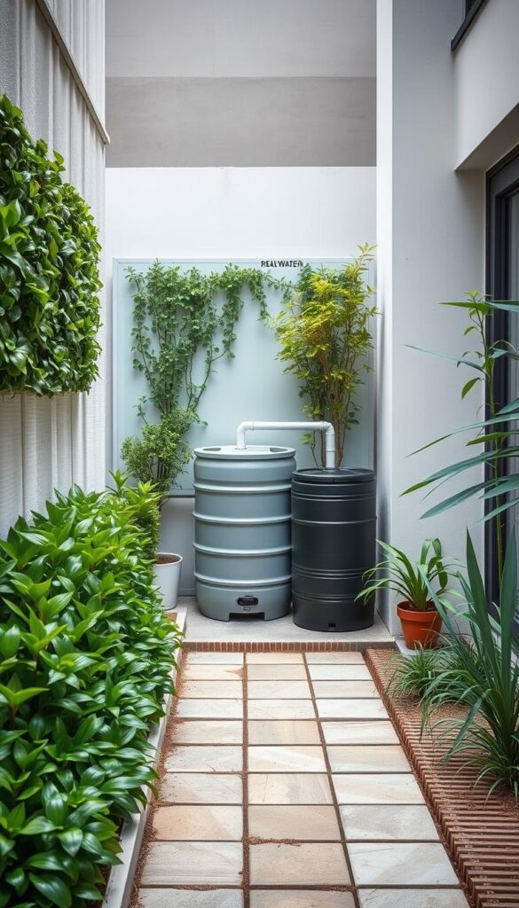 A serene urban garden oasis showcasing a variety of water conservation solutions. In the foreground, a vibrant green living wall filters greywater for landscaping use. In the middle ground, a sleek rain barrel system collects runoff for later irrigation. In the background, a modern permeable paving system allows rainwater to naturally percolate into the soil. Soft, diffused lighting and a muted color palette create a calming, sustainable atmosphere. The overall scene demonstrates practical, aesthetically-pleasing ways to reduce domestic water consumption.