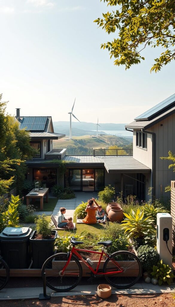 A serene, well-designed modern home nestled among lush greenery, with abundant natural light filtering through large windows. The exterior features clean lines, energy-efficient materials, and solar panels adorning the roof. In the foreground, a family relaxes on a patio, surrounded by a bountiful vegetable garden and composting bins. The middle ground showcases a bicycle and electric vehicle charging station, promoting sustainable transportation. The background depicts rolling hills, a small wind turbine, and a distant body of water, conveying a sense of harmony between the home and its natural environment. The overall scene exudes a calm, eco-conscious atmosphere, reflecting the value of sustainable living in modern homes.