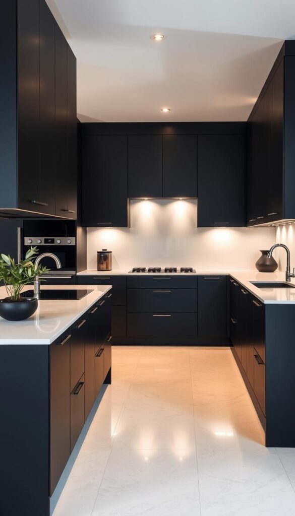 A sleek and contemporary kitchen with matte black cabinetry that exudes sophistication. The cabinets have clean lines and a subtle sheen, creating a striking contrast against the bright, airy backsplash and countertops. Soft, diffused lighting casts a warm glow, highlighting the minimalist design and accentuating the depth of the dark hues. The kitchen layout is open and inviting, with a central island providing ample workspace and a subtle social gathering point. The overall atmosphere is one of modern elegance, where form and function seamlessly blend to create a truly stunning and functional kitchen space.