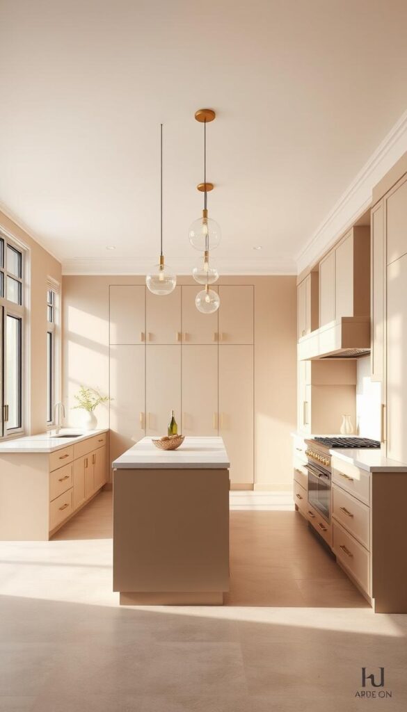 A sleek and minimalist contemporary beige kitchen with clean lines and a warm, inviting atmosphere. The kitchen features a large central island with a quartz countertop, surrounded by matte beige cabinets and drawers. Subtle brass hardware and accents provide a touch of luxury. The space is illuminated by a row of modern pendant lights suspended from the high ceiling, casting a soft, diffused glow. Large windows let in abundant natural light, creating a bright and airy ambiance. Neutral-toned tile floors and a minimalist backsplash behind the stove complete the cohesive, elegant design. The overall aesthetic is one of understated sophistication and timeless style.