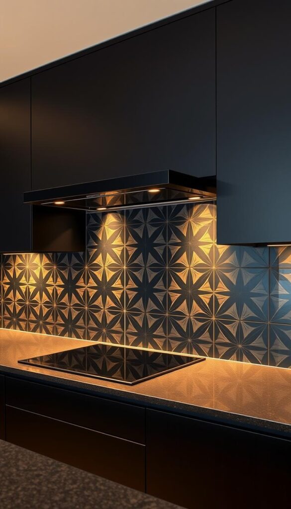 A sleek and modern black kitchen backsplash, adorned with a mesmerizing geometric pattern. The design features sharp, angular lines and shapes that create a striking visual contrast against the dark cabinetry. The patterns are precisely arranged, casting intricate shadows and highlights that add depth and dimension to the surface. The backsplash is illuminated by warm, soft lighting, creating a cozy and inviting atmosphere in the kitchen. The geometric motifs seamlessly blend form and function, elevating the space with a bold, sophisticated aesthetic.