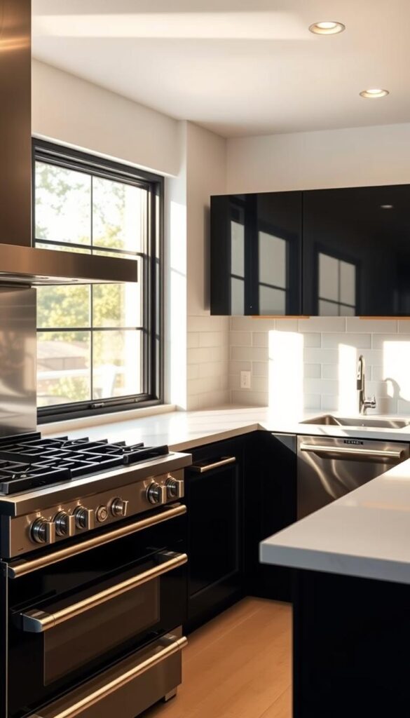 A sleek and modern kitchen, bathed in warm, natural light filtering through large windows. In the foreground, a stunning set of black kitchen appliances - a state-of-the-art range with gleaming chrome knobs, a sleek built-in oven, and a minimalist, integrated dishwasher. The appliances are seamlessly integrated into the kitchen's design, creating a cohesive and professional-looking space. The middle ground features clean, white quartz countertops and a modern, black-and-white tile backsplash that complements the appliances. In the background, subtle, recessed lighting casts a soft glow, highlighting the room's elegant, understated aesthetic.