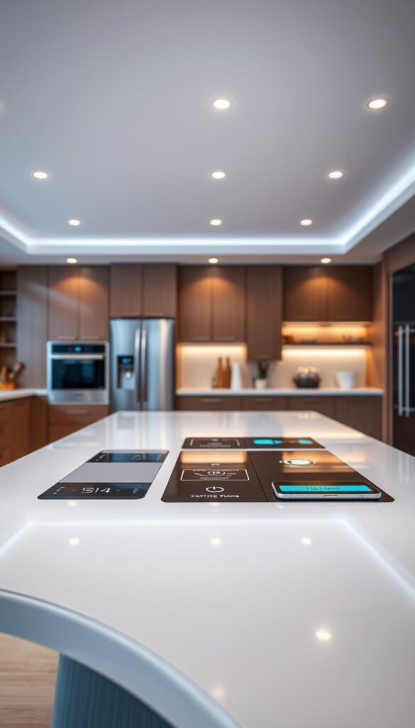 A sleek, futuristic kitchen island with integrated smart technology. The island is crafted from a glossy, seamless material with clean, minimalist lines. On the surface, there are intuitive touchscreen controls, wireless charging pads, and voice-activated digital assistants. Soft, diffused lighting from recessed fixtures illuminates the space, creating a warm and inviting ambiance. In the background, the kitchen is filled with high-end, state-of-the-art appliances that complement the island's advanced features. The scene conveys a sense of effortless, modern living with technology seamlessly blended into the design.