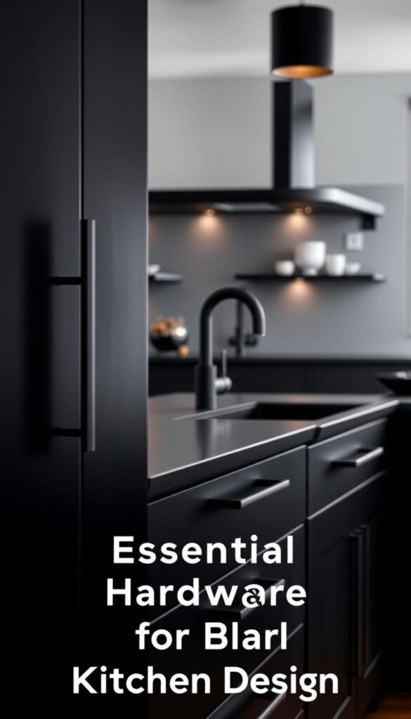 A sleek, modern black kitchen with a stunning display of sophisticated hardware. In the foreground, sharp-edged cabinet pulls and drawer handles in a matte black finish create a bold, minimalist aesthetic. The middle ground showcases elegant black faucets and a sophisticated black sink, complementing the dark cabinetry. In the background, subtle black lighting fixtures cast a warm, moody glow, accentuating the seamless, high-contrast design. The overall scene exudes a sense of refined elegance and timeless style, perfectly suited for the "Essential Hardware for Black Kitchen Design" section.