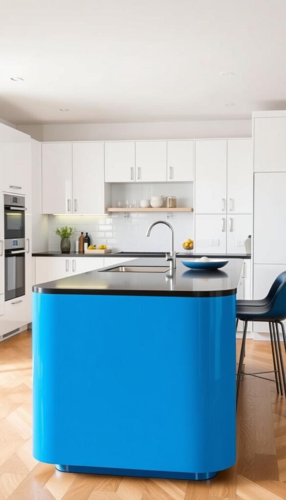 A sleek, modern blue kitchen island stands as the centerpiece of a stylishly designed space. The island's vibrant azure hue is offset by bold, contrasting accents - crisp white cabinetry, gleaming chrome hardware, and a striking black countertop that creates a dynamic visual interplay. Soft, diffused lighting from above casts a warm glow, highlighting the island's clean lines and smooth, polished surfaces. The kitchen's minimalist, Scandinavian-inspired aesthetic is further reinforced by the surrounding neutral-toned walls and floors, allowing the bold blue island to truly shine as the room's captivating focal point.