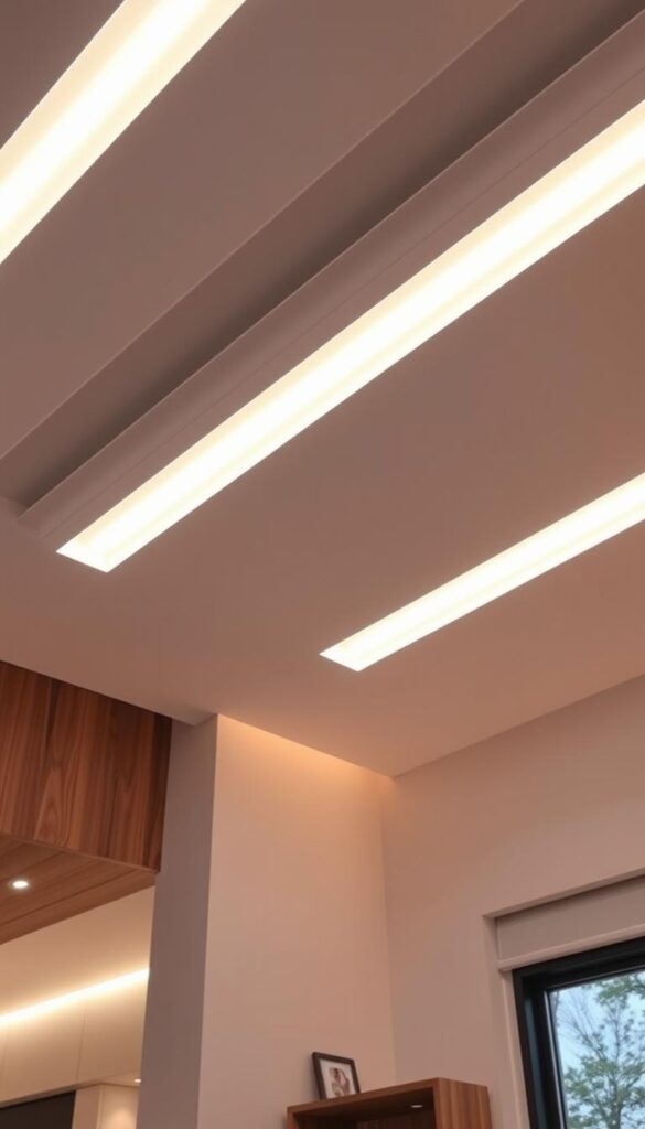 A sleek, modern interior with recessed LED lighting installed throughout the ceiling, casting a warm, energy-efficient glow across the room. The lights are arranged in a grid pattern, their cool-toned bulbs subtly illuminating the minimalist decor - clean lines, neutral colors, and natural materials like wood and stone. The lighting is the focal point, highlighting the room's sophisticated, sustainable design. The image conveys a sense of tranquility, efficiency, and environmental consciousness.