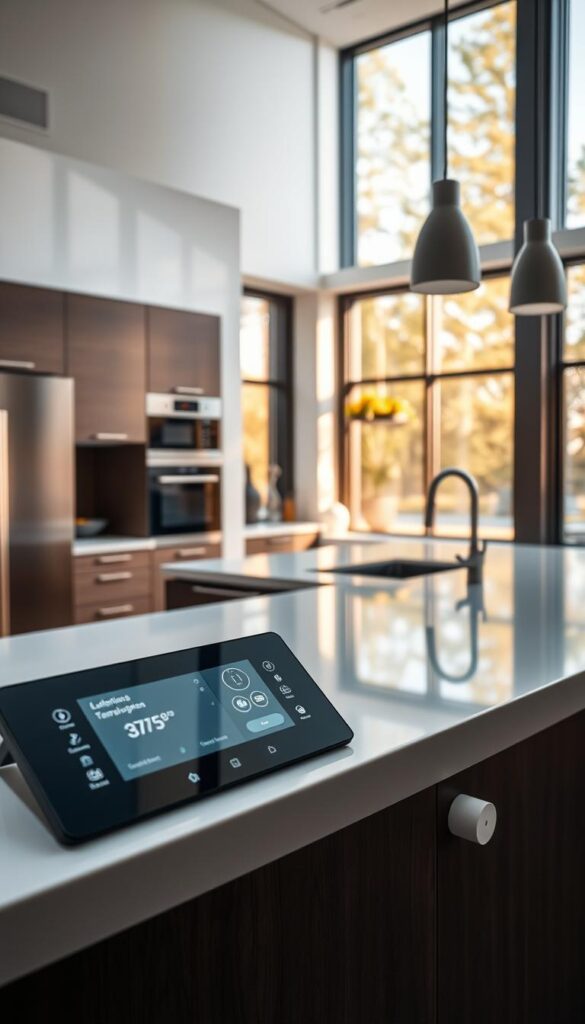 A sleek, modern kitchen filled with state-of-the-art smart technology. In the foreground, a high-tech control panel with a minimalist, touch-sensitive display showcases various integrated features - automated appliances, lighting, temperature, and security systems. The middle ground depicts a stylish kitchen island with seamless countertops, hidden storage, and discreetly embedded charging ports and voice-controlled virtual assistant. In the background, large windows flood the space with warm, natural light, accentuating the clean, contemporary aesthetic. The overall atmosphere is one of effortless sophistication and technological innovation, perfectly suited for a luxury living space.