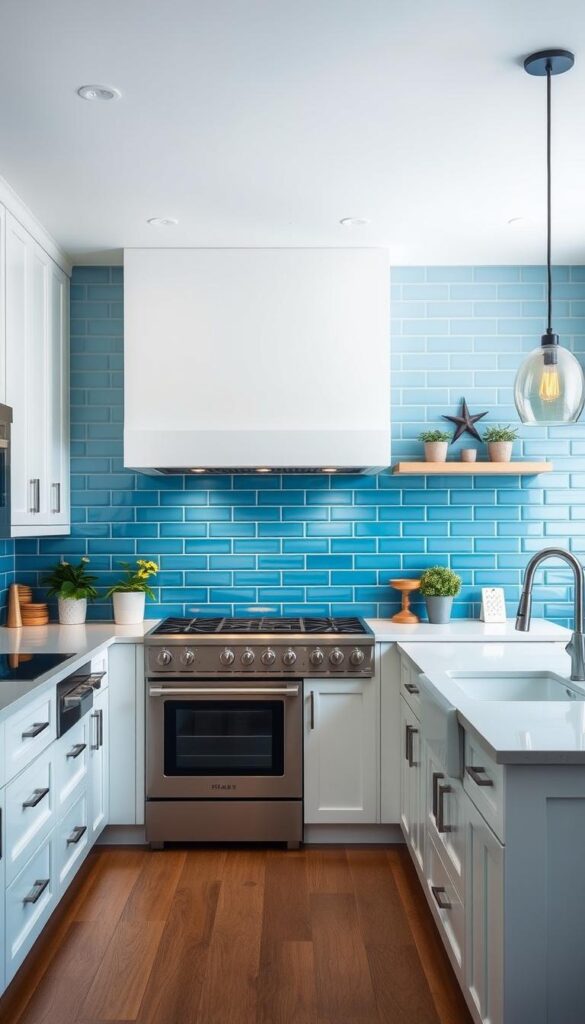 A sleek, modern kitchen with a stunning blue subway tile backsplash. The tiles are arranged in a classic, staggered pattern, creating a visually striking contrast against the crisp white cabinets and countertops. Soft, diffused lighting from above accentuates the depth and texture of the tiles, casting a warm, inviting glow throughout the space. The kitchen is bathed in a cool, calming blue hue, evoking a sense of tranquility and sophistication. The layout is open and airy, with a large central island providing ample prep space and a casual dining area. Stainless steel appliances and hardware add a touch of industrial chic, while potted plants and natural wood accents bring in organic, earthy elements. The result is a harmonious, stylish kitchen design that showcases the beauty of a bold, blue backsplash.