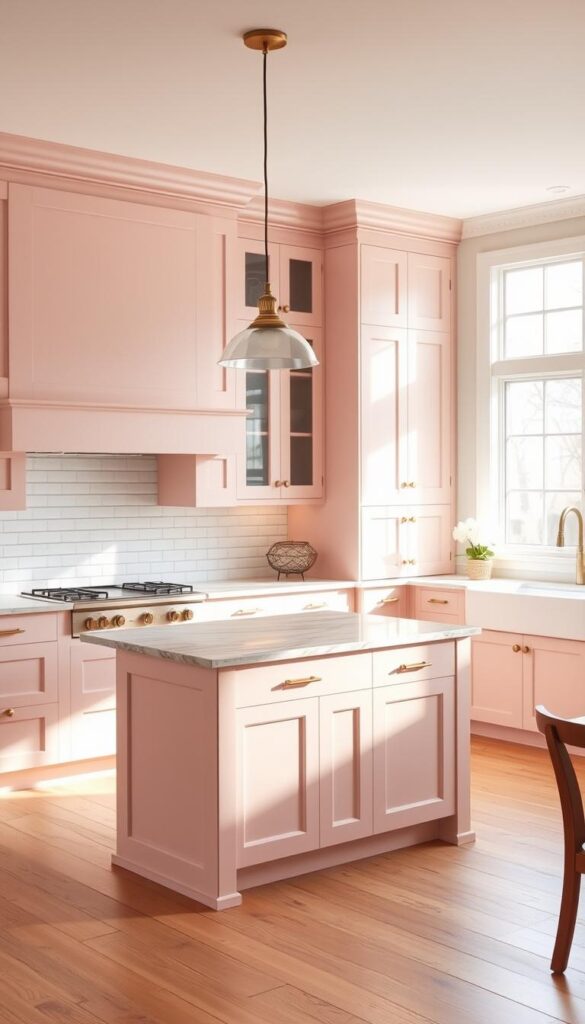 A soft, elegant kitchen with blush pink shaker-style cabinets in a warm, inviting space. The cabinets have a matte finish, creating a subtle, sophisticated look. The lighting is a combination of natural daylight filtering through large windows and soft, ambient lighting from modern pendant fixtures above a marble-topped island. The floor is a light hardwood, complementing the pink hues. Accents of brass hardware and a backsplash of white subway tiles add touches of luxury. The overall atmosphere is one of serene, feminine charm.