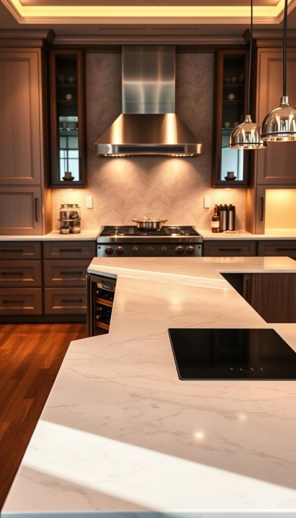 A spacious, luxurious kitchen island with a sleek, polished marble countertop that reflects the warm lighting overhead. The island features a built-in wine cooler, ample storage drawers, and a state-of-the-art induction cooktop. The scene is bathed in a soft, golden glow, creating an inviting and elegant atmosphere. The kitchen's high-end appliances, including a professional-grade range and a glossy, stainless steel vent hood, are visible in the background, complementing the island's premium features. The overall composition exudes a sense of sophistication and attention to detail, perfectly capturing the essence of a luxury kitchen designed for a high-end home.