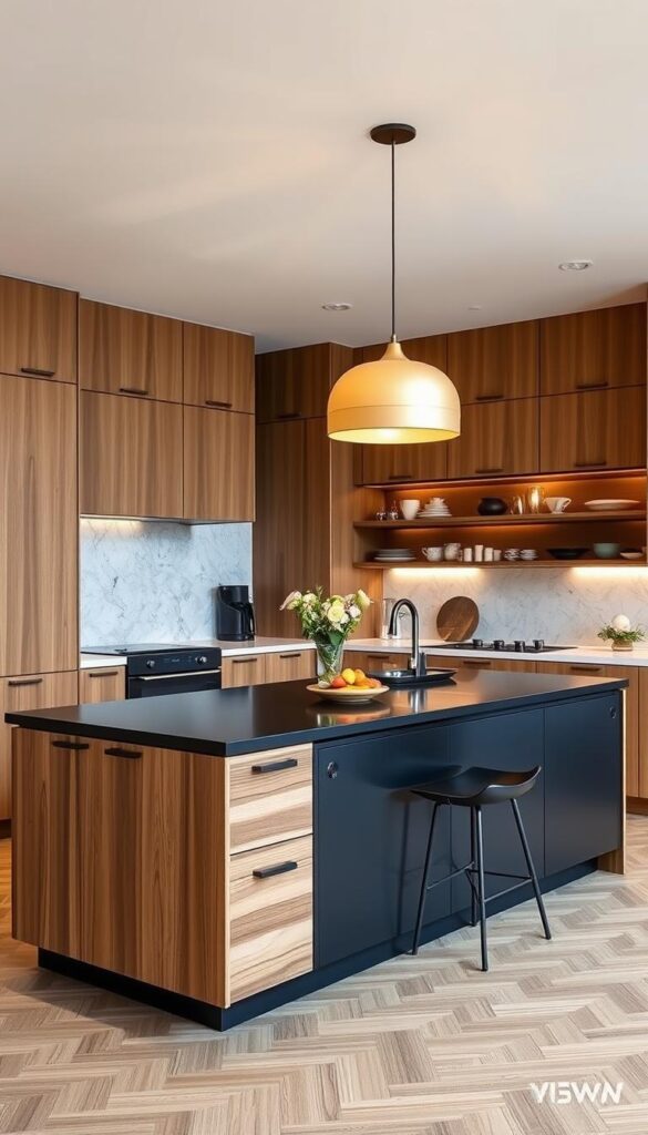 A spacious, well-designed kitchen island with a dining table integrated into the countertop, providing ample storage and workspace. The island features a sleek, minimalist aesthetic with a mix of natural wood and matte black finishes. Bright, warm lighting from pendant lamps casts a cozy glow, accentuating the island's multifunctional nature. The scene is captured from a slightly elevated angle, showcasing the seamless integration of the dining and storage elements within the island's layout. The overall atmosphere exudes a sense of modern, functional elegance suitable for an upscale kitchen.