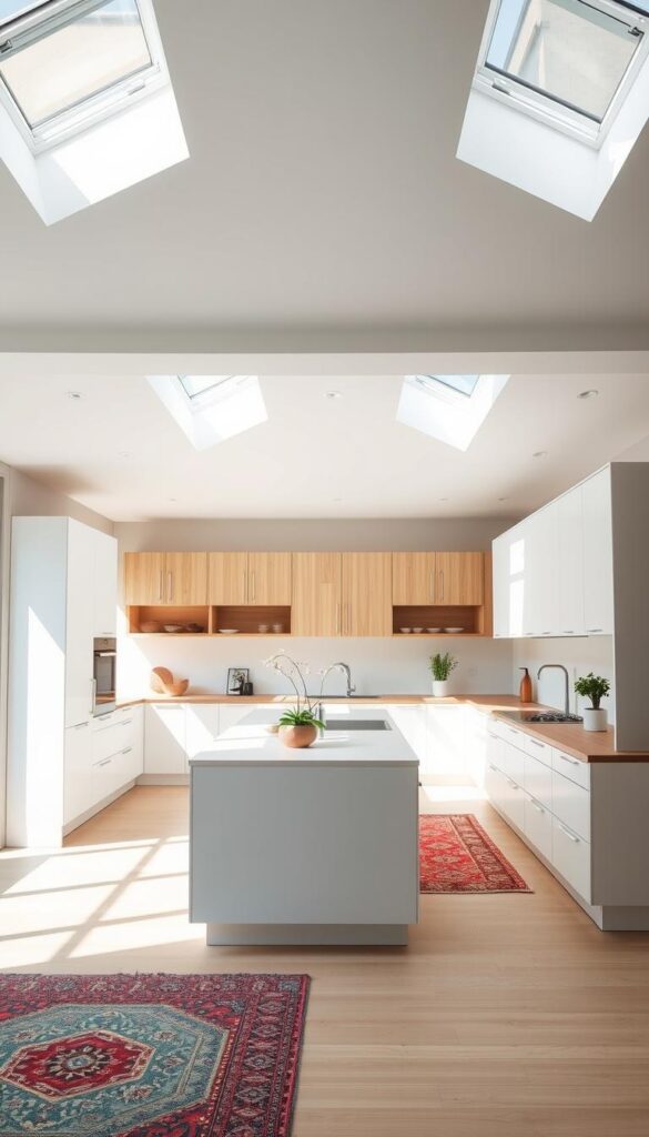 A spacious, well-lit Scandinavian kitchen with a minimalist, open-concept layout. The kitchen features sleek, white cabinets with clean lines, complemented by light wood accents on the countertops and floors. A large, central island serves as the focal point, providing ample workspace and seating. Strategically placed skylights flood the room with natural light, creating a bright and airy atmosphere. Subtle pops of color, such as a vibrant, patterned rug or a few potted plants, add a touch of Scandinavian charm. The overall design emphasizes functionality, simplicity, and a harmonious balance between form and function.