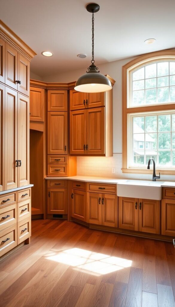 A spacious, well-lit kitchen interior with traditional Shaker-style cabinetry in a warm, neutral palette. The cabinets feature a classic raised-panel design with subtle distressing, complemented by sleek hardware. A large, farmhouse-inspired sink sits beneath a large window, allowing natural light to flood the space. The countertops are a timeless, light-colored stone, providing a clean, airy contrast to the rich wood tones of the cabinets. Overhead, a simple, understated lighting fixture casts a soft, ambient glow, creating a cozy and inviting atmosphere. The floor is a sturdy, wide-plank hardwood, adding to the kitchen's timeless appeal. The scene exudes a sense of timeless elegance and functionality, embodying the enduring charm of Shaker-style design.