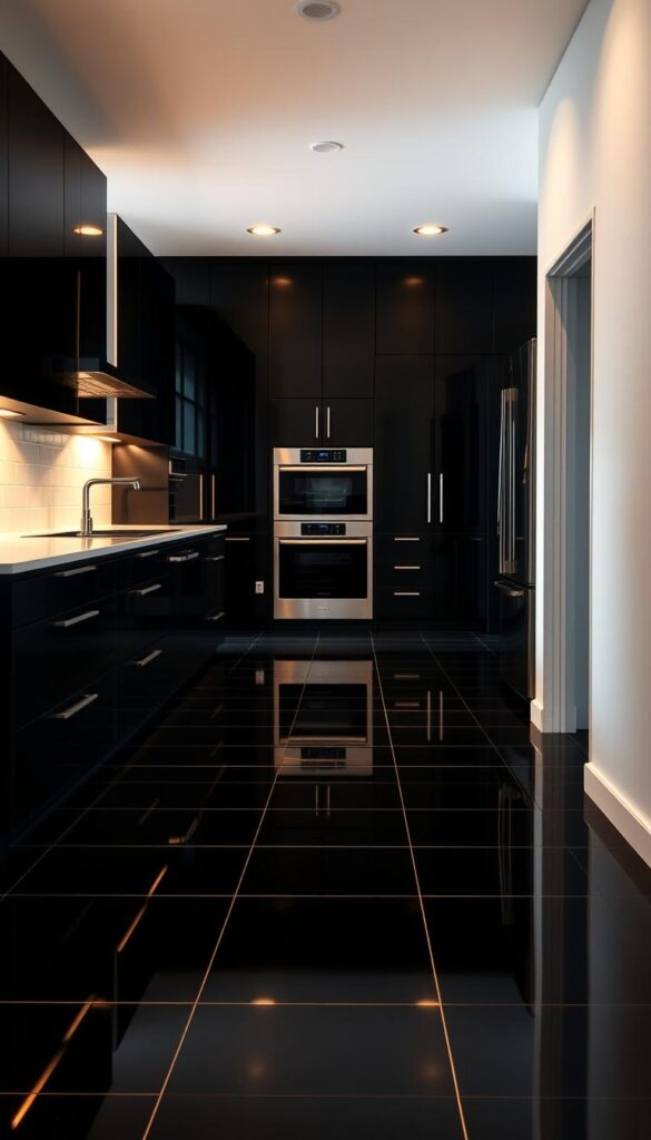 A spacious, well-lit kitchen with a sleek, modern black tile flooring design. The tiles are arranged in a clean, geometric pattern, creating a sophisticated and minimalist look. Warm, directional lighting illuminates the room, casting subtle shadows and highlights on the glossy tile surface. The flooring seamlessly complements the black cabinetry and stainless steel appliances, establishing a cohesive, high-contrast aesthetic. The overall mood is one of elegant simplicity, with the black and white tones creating a bold, yet stylish atmosphere.