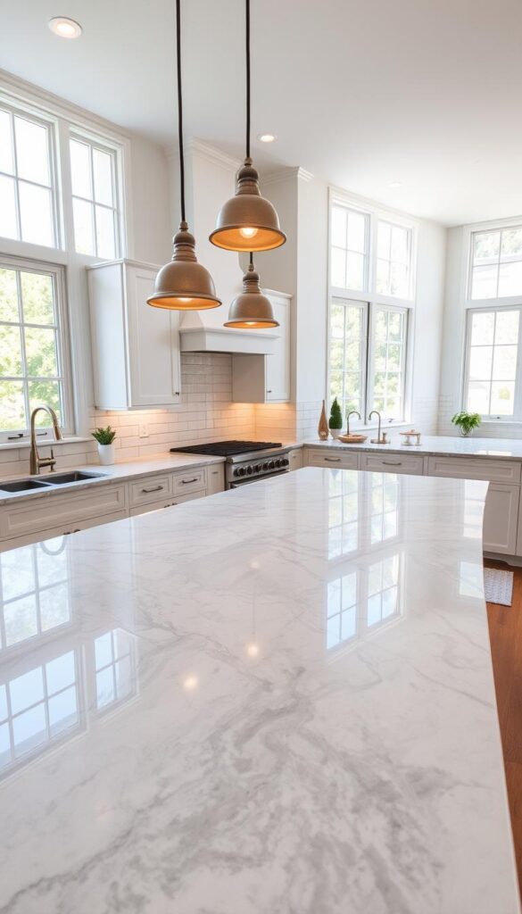 A spacious, well-lit kitchen with a stunning natural stone countertop taking center stage. The countertop is made of smooth, swirling gray-and-white marble, reflecting the warm, diffused lighting from a set of pendant lamps overhead. The stone's elegant veining patterns add depth and visual interest, complementing the clean, minimalist cabinetry and backsplash tiles. Large windows flood the space with natural daylight, casting a soft, natural glow on the scene. The overall atmosphere is one of timeless sophistication and enduring beauty, perfectly capturing the essence of a classic, high-quality kitchen design.