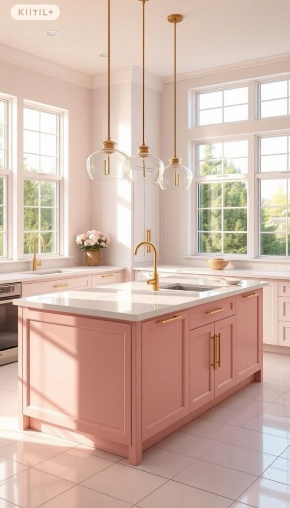 A stunning pink kitchen island design, bathed in warm natural light from large windows. The island's sleek, modern lines are accentuated by a soft, pastel pink finish, complemented by white countertops and minimalist hardware. Brass accents add a touch of elegance, while pendant lights cast a gentle glow, creating an inviting and sophisticated atmosphere. The island is the focal point of the space, surrounded by crisp white cabinetry and tiles, allowing the pink hue to stand out beautifully. The overall design exudes a sense of stylish, yet calming refinement, perfectly suited for a modern, yet cozy kitchen.