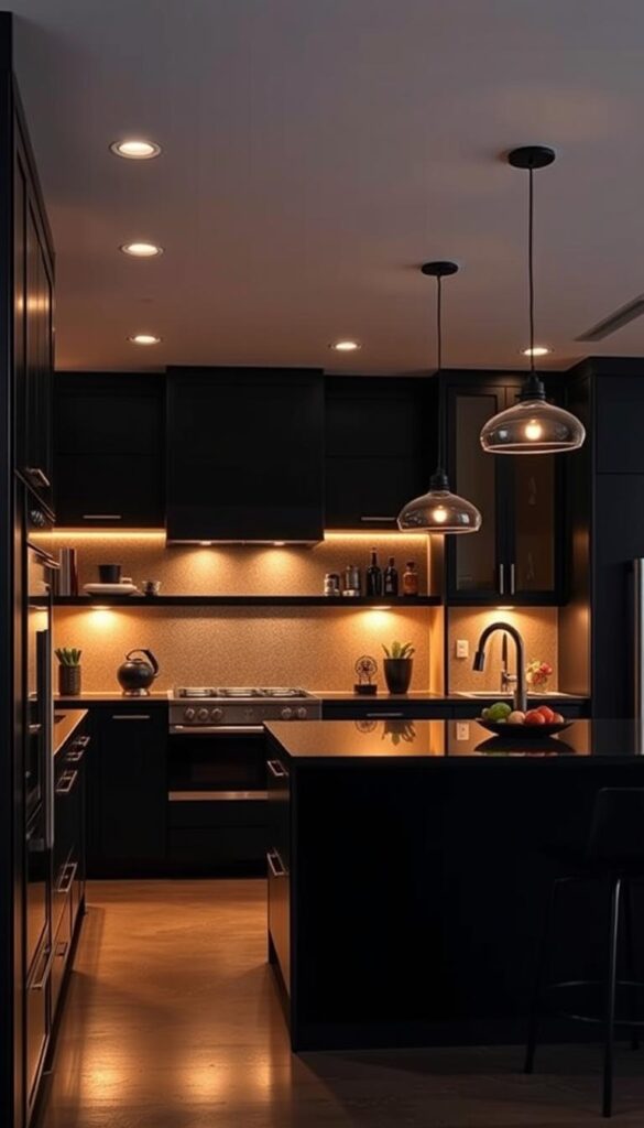 A stylish black kitchen with layered illumination. Warm ambient lighting from recessed ceiling fixtures casts a cozy glow, while sleek under-cabinet task lighting and pendant lights over the island provide targeted, functional illumination. The black cabinetry and countertops create a moody, sophisticated backdrop, accentuated by the dynamic lighting design. Soft shadows and highlights interplay, adding depth and drama to the space. The overall effect is a harmonious balance of form and function, elevating the kitchen into a beautifully lit sanctuary.