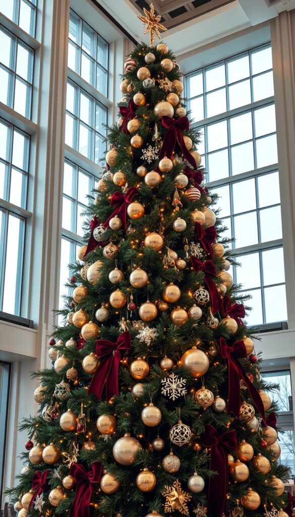 A sumptuous Christmas tree adorned with opulent trimmings stands tall in a grand, high-ceilinged room. Gleaming baubles in metallic hues of gold and silver reflect the soft, warm light cast by sparkling string lights that cascade down the full, lush branches. Luxurious velvet ribbons in rich crimson and emerald green add lush textures, while delicate glass ornaments in intricate designs glimmer elegantly. The tree is set against a backdrop of towering windows that flood the space with natural light, creating a sophisticated, designer-inspired ambiance perfect for a holiday showcase.
