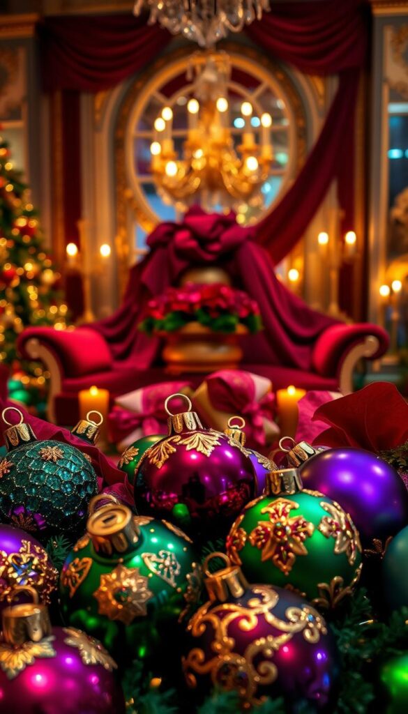 A sumptuous, jewel-toned holiday palette, shimmering and opulent. In the foreground, a voluptuous array of ornaments in deep emerald, amethyst, sapphire, and ruby, adorned with intricate gilded details. The middle ground features lush, velvety textiles in rich, jewel-like hues, draped artfully around a central focal point. In the background, a softly lit, luxurious setting, with warm, ambient lighting casting a glowing, festive atmosphere. Elegant, high-contrast textures throughout, conveying a sense of luxurious, sophisticated holiday cheer.
