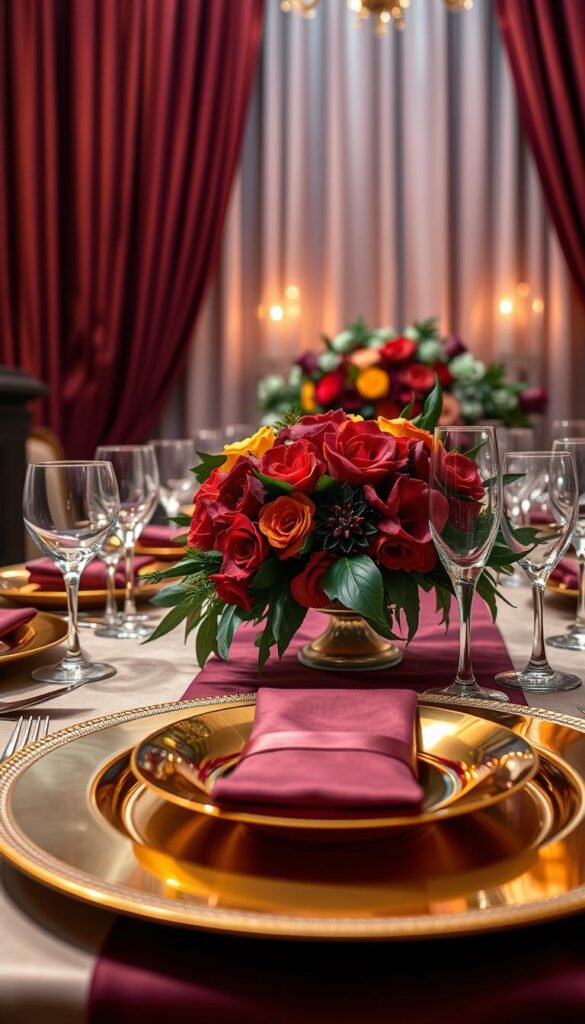A sumptuous table setting for a luxurious holiday feast. In the foreground, a gleaming gold-rimmed charger plate adorned with a vibrant jewel-toned floral centerpiece, its petals shimmering under soft, warm lighting. Surrounding the centerpiece, elegant crystal stemware and gleaming silverware are arranged in a visually striking yet harmonious pattern. In the middle ground, a luxurious table runner in a deep, opulent hue cascades down the table, its sheen accentuating the jewel-like tones of the floral arrangement. The background features richly textured, jewel-toned draperies framing the scene, creating an atmosphere of refined, opulent sophistication.