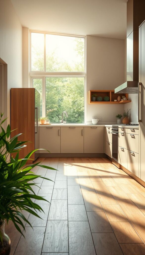 A sunlit, modern kitchen interior with sustainable flooring options in natural green tones. The foreground features a variety of eco-friendly flooring materials, including bamboo, cork, and reclaimed wood, arranged in a visually appealing pattern. The middle ground showcases minimalist, light-colored cabinetry and countertops, complementing the organic flooring. The background depicts large windows overlooking a lush, verdant landscape, flooding the space with warm, diffused natural light. The overall atmosphere is one of tranquility, harmony, and environmental consciousness, reflecting the principles of green kitchen design.
