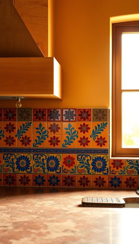 A traditional Mexican kitchen backsplash featuring a vibrant, hand-painted tile pattern. The tiles are arranged in a linear, symmetrical layout, showcasing intricate, colorful designs inspired by Mexican folk art and Talavera pottery. Warm, earthy tones of terracotta, ochre, and cobalt blue dominate the scene, creating a rich, authentic atmosphere. Diffused, natural lighting from a large window bathes the tiles in a soft, golden glow, highlighting the subtle textures and variations in the handcrafted tiles. The backsplash is the focal point of the kitchen, seamlessly blending traditional Mexican aesthetics with a functional, modern design.