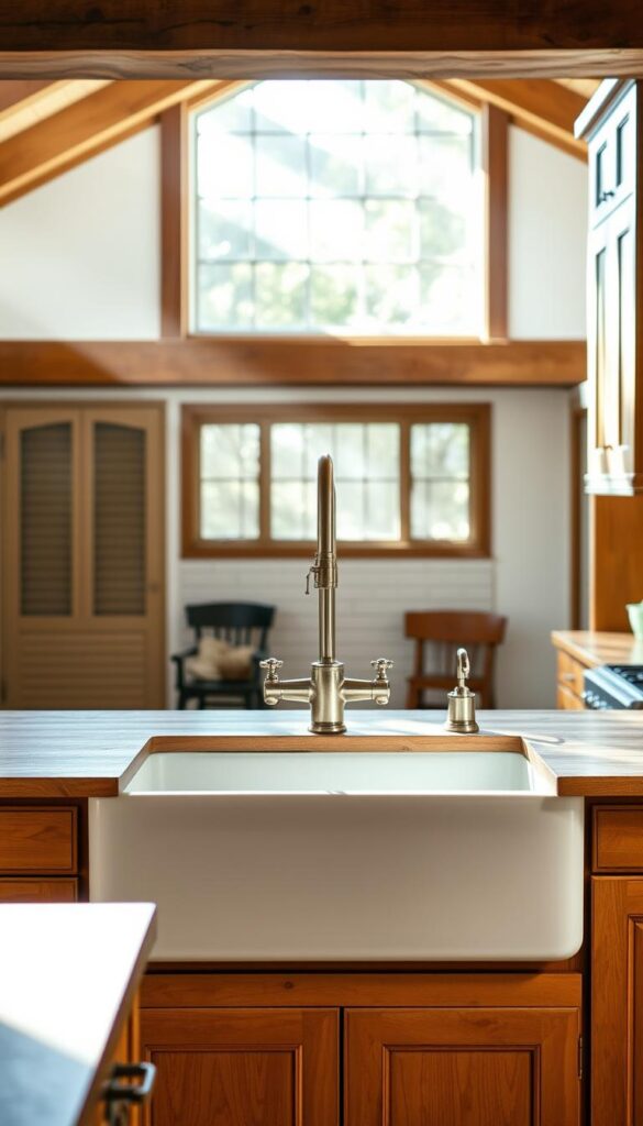 A traditional farmhouse kitchen sink with a deep, cast-iron basin sits prominently in the foreground, surrounded by warm, rustic wooden cabinetry and countertops. The sink is adorned with classic, polished nickel fixtures, including a high-arc faucet and matching accessories. The scene is bathed in soft, natural light filtering in from a large window, casting a cozy, inviting glow throughout the space. In the middle ground, the hardwood flooring and exposed beams add to the timeless, country-inspired aesthetic. The background features a backsplash of subway tiles, complementing the overall farmhouse-inspired design. The overall mood is one of timeless elegance and functionality, capturing the essence of a classic, well-appointed farmhouse kitchen.