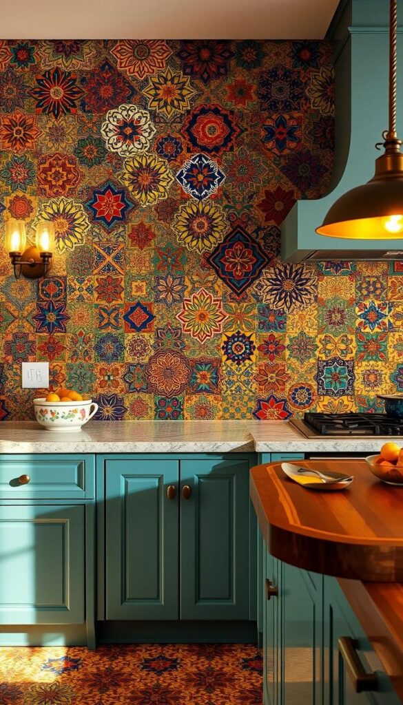 A vibrant Moroccan-inspired bohemian backsplash design, featuring an array of intricate, hand-painted tiles in a captivating mix of jewel-toned hues. The tiles are arranged in a visually striking, asymmetric pattern, creating a mesmerizing mosaic effect that adds depth and texture to the kitchen space. Warm, diffused lighting from sconces and pendant fixtures casts a cozy, inviting glow, accentuating the rich colors and patterns of the tiles. The backsplash takes center stage, drawing the eye and serving as a bold, eye-catching focal point that perfectly encapsulates the bohemian aesthetic.