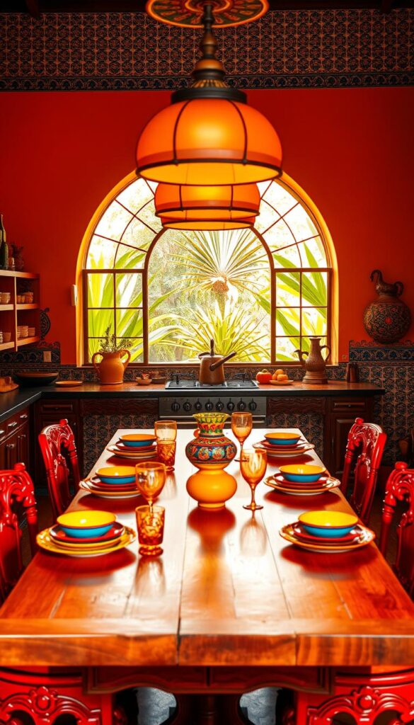 A vibrant and inviting Mexican-style kitchen, flooded with warm, saturated hues. In the foreground, a large wooden dining table is set with colorful ceramic plates and glassware, surrounded by ornately carved chairs in rich reds and oranges. The walls are adorned with intricate, hand-painted tiles in a mosaic of blues, greens, and yellows, creating a mesmerizing pattern that dances in the soft, diffused lighting from oversized pendant lamps overhead. In the background, a large, arched window frames a glimpse of a lush, verdant courtyard, casting a warm, golden glow throughout the space. The overall atmosphere is one of celebration, comfort, and a deep connection to the vibrant culture and traditions of Mexico.