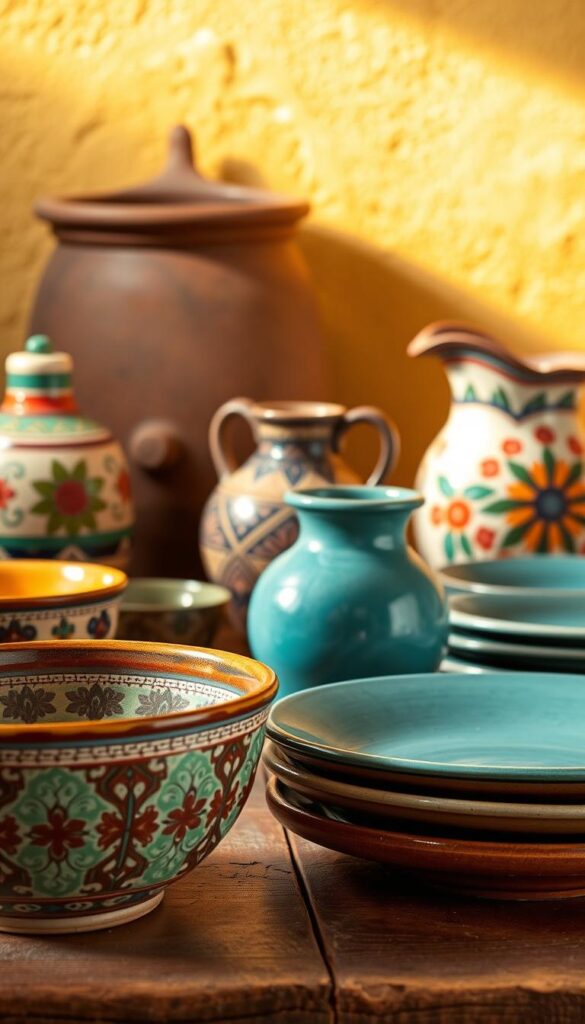 A vibrant still life showcasing an assortment of handcrafted Mexican ceramics on a rustic wooden table. In the foreground, an intricately patterned bowl, a vase with a glossy turquoise glaze, and a set of bold, geometric-patterned plates. In the middle ground, additional ceramic pieces including a large, ornately decorated clay pot and a pitcher with hand-painted floral motifs. The background features a warm, textured adobe wall, bathed in soft, diffused lighting that casts gentle shadows, highlighting the tactile quality of the ceramics. The overall composition exudes a sense of artisanal craftsmanship, cultural heritage, and the vibrant, soulful essence of a traditional Mexican kitchen.