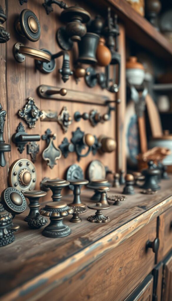 A vintage hardware cabinet showcasing an assortment of antique pulls and knobs in a warm, rustic setting. The foreground features a variety of ornate brass and iron handles, knobs, and drawer pulls in various shapes and sizes, arranged in a visually appealing display. The middle ground depicts the wooden cabinet surface, with a weathered, distressed finish that adds to the aged, authentic aesthetic. The background suggests a cozy, well-lit kitchen environment, with hints of warm lighting and soft, natural textures creating a inviting, nostalgic atmosphere. Captured with a shallow depth of field, the image emphasizes the intricate details and timeless charm of these vintage kitchen hardware elements.