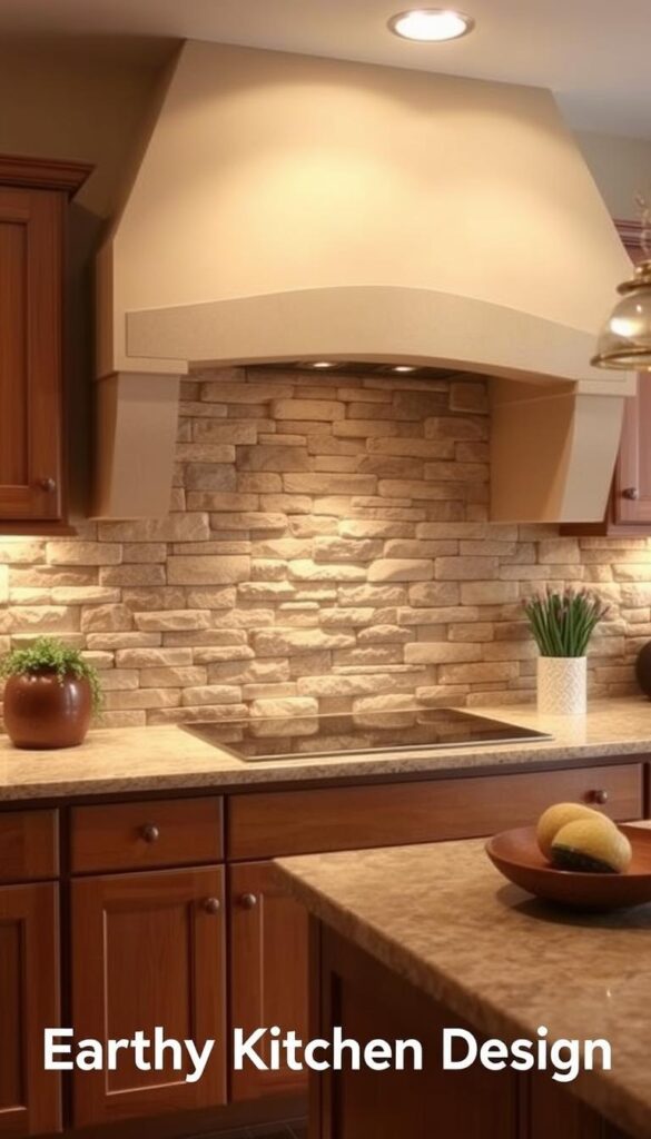 A warm, earthy kitchen with a stunning natural stone backsplash, illuminated by soft, diffused lighting from overhead. The backsplash features a harmonious blend of neutral-toned stones, each with its own unique texture and pattern, creating a captivating, rustic-chic aesthetic. The stones are meticulously arranged in a cohesive, visually appealing design, seamlessly integrating with the kitchen's overall earthy color palette and wooden cabinetry. The lighting casts gentle shadows, highlighting the depth and dimension of the stonework, while the overall scene exudes a calming, nature-inspired ambiance, perfectly suited for an "Earthy Kitchen Design" feature.