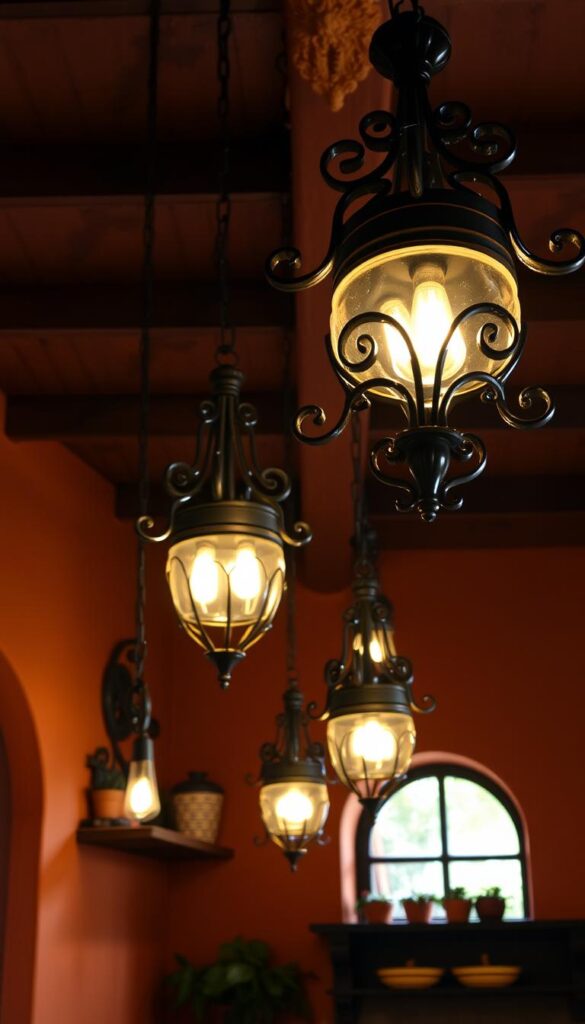A warm, inviting traditional Mexican kitchen with ornate wrought iron lighting fixtures hanging from the ceiling. The fixtures feature intricate, scrolled designs in a dark metal finish, casting a soft, flickering glow throughout the space. The lighting is the focal point, drawing the eye upwards to appreciate the craftsmanship and artistry. The fixtures are suspended at varying heights, creating visual interest and depth. The kitchen walls are painted in rich, earthy tones, complementing the rustic, handcrafted feel of the lighting. Terracotta tiles line the floor, adding to the authentic Mexican aesthetic. Overall, the scene exudes a cozy, homely ambiance, inviting the viewer to imagine themselves enjoying a meal in this charming, tradition-infused kitchen.