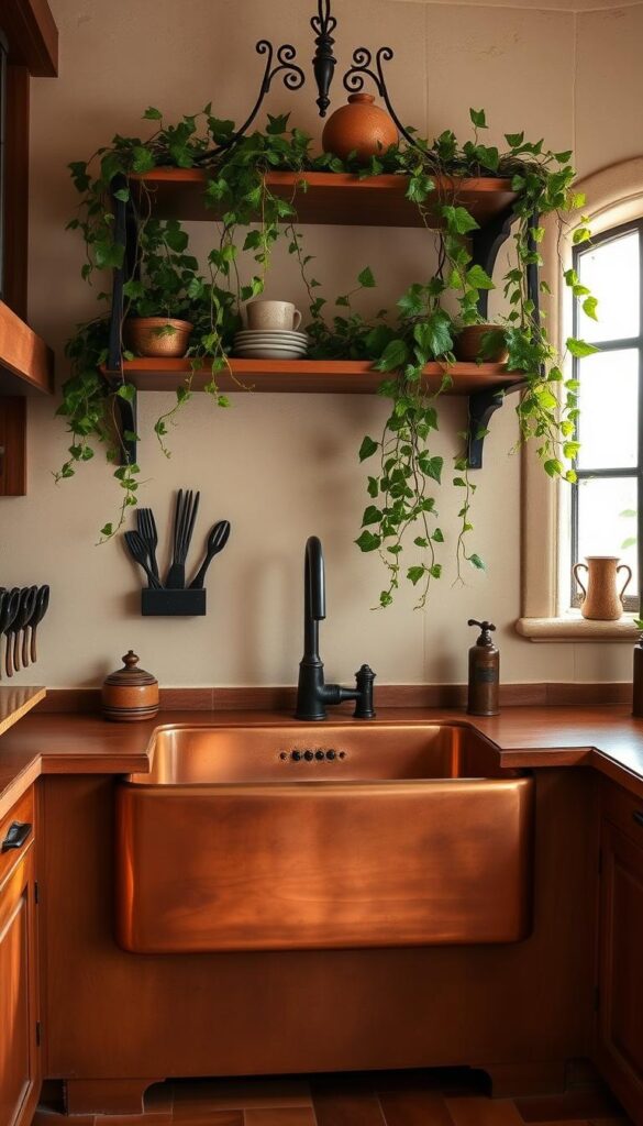 A warm, rustic Mexican-inspired kitchen with a prominent copper farmhouse sink set against a backdrop of wrought iron hardware and accents. The sink is the focal point, its gleaming copper surface reflecting the soft, natural lighting from large windows. Wrought iron cabinet pulls, hinges, and a delicate overhead rack add an artisanal touch, complementing the earthy terracotta tiles and textured plaster walls. Lush, trailing vines cascade from overhead shelves, infusing the space with an organic, lived-in charm. The overall mood is one of cozy, authentic comfort, blending Old World character with modern farmhouse sensibilities.
