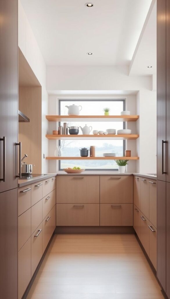 A well-designed Scandinavian kitchen with sleek, functional storage solutions. A minimalist, light-filled interior with clean lines and a neutral color palette. In the foreground, custom built-in cabinets and drawers with seamless integrated handles, offering ample storage space. In the middle ground, a floating wooden shelf displaying neatly organized kitchen essentials. The background features a large window overlooking a serene outdoor landscape, allowing natural light to flood the space. The overall atmosphere is one of understated elegance, efficiency, and a harmonious balance between form and function.