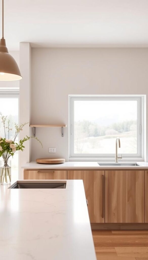 A well-lit Scandinavian kitchen with clean lines and a minimalist aesthetic. In the foreground, a sleek marble countertop in a light, muted tone, its natural veining adding depth and texture. The countertop is complemented by streamlined cabinetry in a pale, muted wood finish. Soft, diffused lighting from overhead fixtures casts a warm glow, accentuating the natural materials. In the background, a large window overlooking a serene, natural landscape, blending the indoor and outdoor spaces seamlessly. The overall atmosphere is one of calm, understated elegance, reflecting the ethos of Scandinavian design.