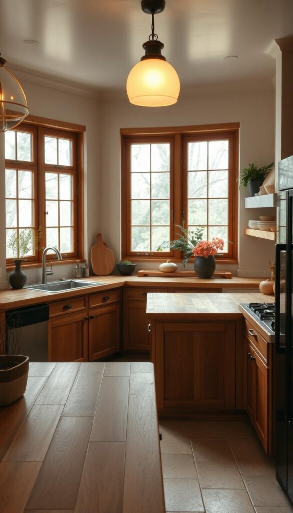A well-lit, earthy kitchen interior with prominent butcher block countertops. The countertops are made of warm, wooden planks with a rustic, natural grain. They are placed atop wooden cabinets and surrounded by neutral-toned tiles, creating a cohesive, organic aesthetic. Soft, diffused lighting from overhead fixtures casts a cozy glow, while large windows allow natural daylight to filter in. Minimalist decor, such as potted plants and simple ceramic dishware, add to the tranquil, down-to-earth ambiance. The scene conveys a sense of understated elegance and timeless, sustainable design.