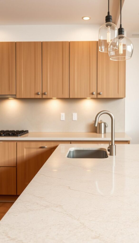 A well-lit kitchen countertop in natural beige quartz stone, with a smooth, uniform surface and subtle veining patterns. The countertop is set against a backdrop of warm, neutral-toned cabinetry and backsplash, creating a cohesive and elegant visual harmony. Soft, diffused lighting from overhead fixtures gently illuminates the countertop, accentuating its natural beauty and adding a touch of sophistication to the scene. The camera angle showcases the countertop's clean lines and generous surface area, highlighting its functionality and suitability for a modern, stylish kitchen design.