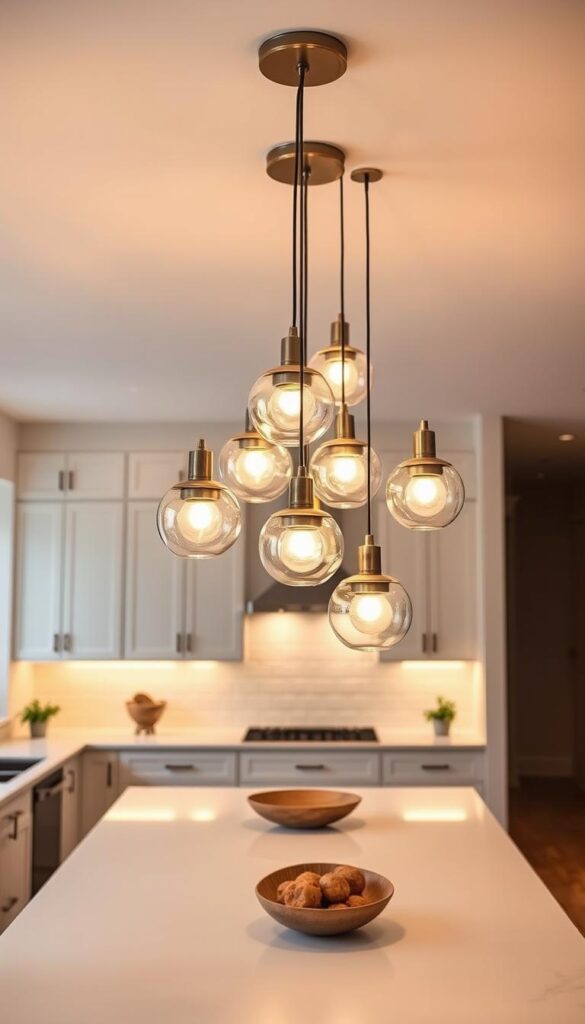 A well-lit kitchen with a statement-making pendant lighting design. The scene features a spacious, open-concept kitchen with clean, minimalist cabinetry and countertops. In the center, a cluster of elegant, globe-shaped pendant fixtures hang from the ceiling, casting a warm, ambient glow over the entire space. The pendants are made of sleek, brushed metal and feature simple, geometric shapes that add a touch of modern sophistication. The lighting is positioned to illuminate the kitchen work surfaces, creating a functional and visually striking focal point. The room is bathed in a soft, cozy light that evokes a timeless, inviting atmosphere, perfect for casual gatherings or elegant dinner parties.