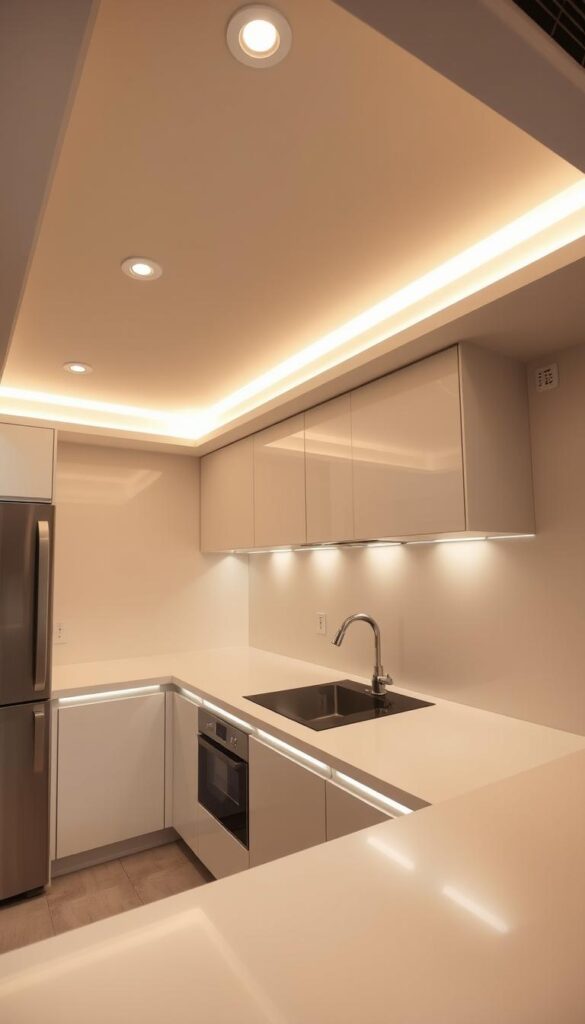 A well-lit, minimalist kitchen with strategic task lighting design. Soft, directional LED strips illuminate the countertops, creating a warm and inviting atmosphere. Recessed ceiling lights provide ample overall illumination, while subtle under-cabinet lights add depth and highlight the clean, modern cabinetry. The lighting scheme accentuates the kitchen's compact layout, making the space feel open and spacious. The scene is shot from a low angle, capturing the sleek, streamlined aesthetic and the play of light and shadow across the surfaces. A well-lit, minimalist kitchen with strategic task lighting design. Soft, directional LED strips illuminate the countertops, creating a warm and inviting atmosphere. Recessed ceiling lights provide ample overall illumination, while subtle under-cabinet lights add depth and highlight the clean, modern cabinetry. The lighting scheme accentuates the kitchen's compact layout, making the space feel open and spacious. The scene is shot from a low angle, capturing the sleek, streamlined aesthetic and the play of light and shadow across the surfaces.