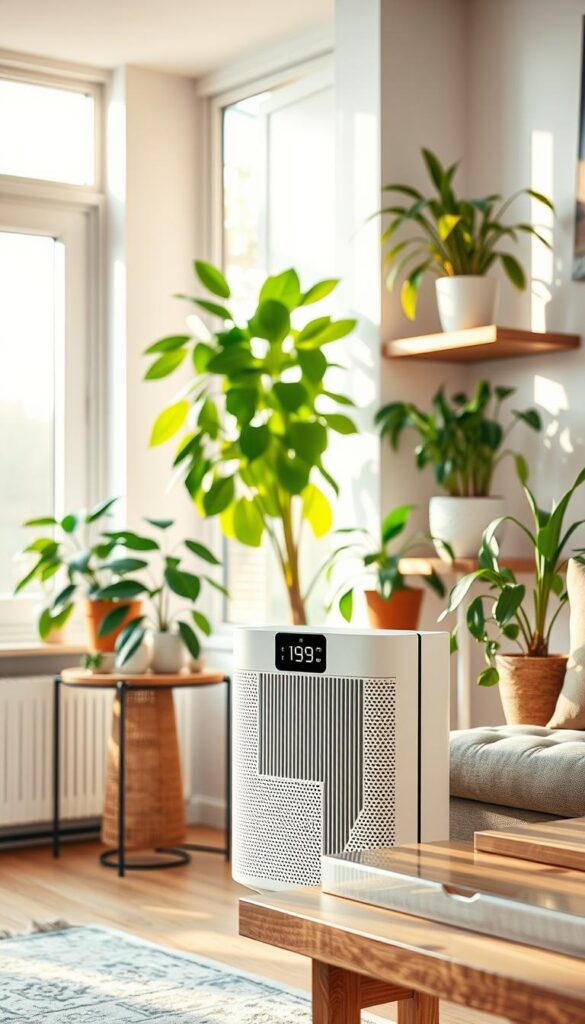 A well-lit, modern home interior showcasing various indoor air quality improvement techniques. In the foreground, a sleek air purifier with a minimalist design stands on a natural wood side table, its display indicating optimal air quality levels. In the middle ground, lush potted plants sit on shelves, their leaves gently swaying as they filter the air. The background features large windows flooding the room with warm, diffused sunlight, hinting at the importance of natural ventilation. The overall atmosphere conveys a sense of serenity and wellness, reflecting the healthier living made possible by these sustainable home upgrades.