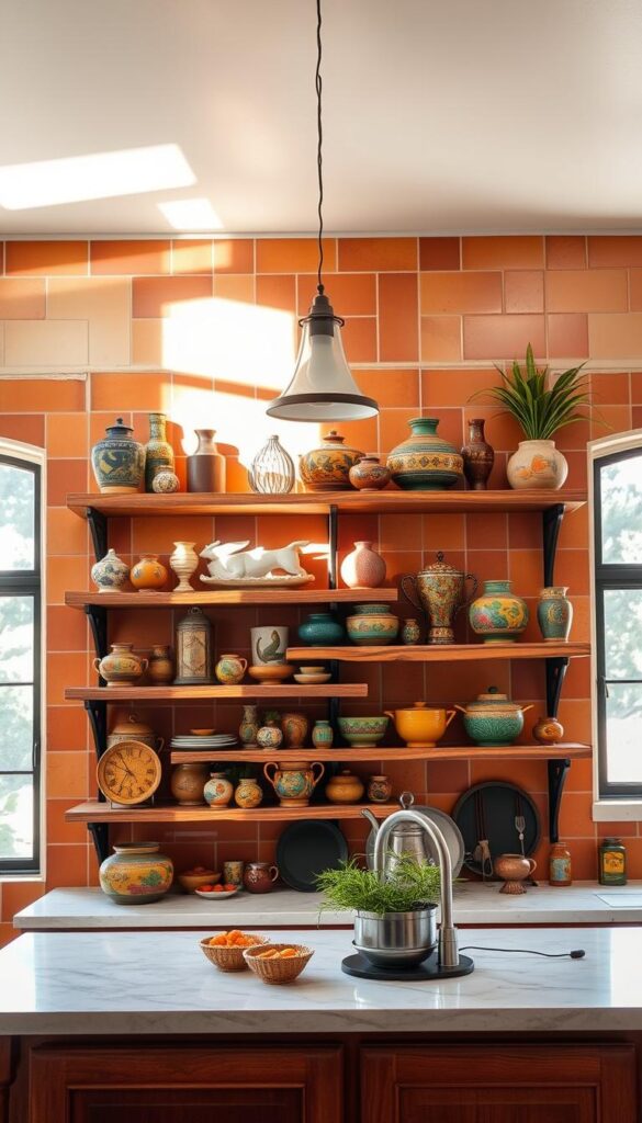 A well-lit open kitchen with rustic wooden shelves displaying a vibrant array of Mexican-inspired ceramics, pottery, and decorative elements. The shelves are flanked by terracotta-tiled walls in warm ochre and terracotta hues, complemented by wrought-iron accents. Sunlight streams in through large windows, casting a soft, golden glow over the scene. Hanging above, a simple yet stylish pendant light fixture with a minimalist design adds to the overall aesthetic. The overall atmosphere evokes a sense of casual elegance and cultural flair, perfectly capturing the essence of a Mexican-style kitchen.