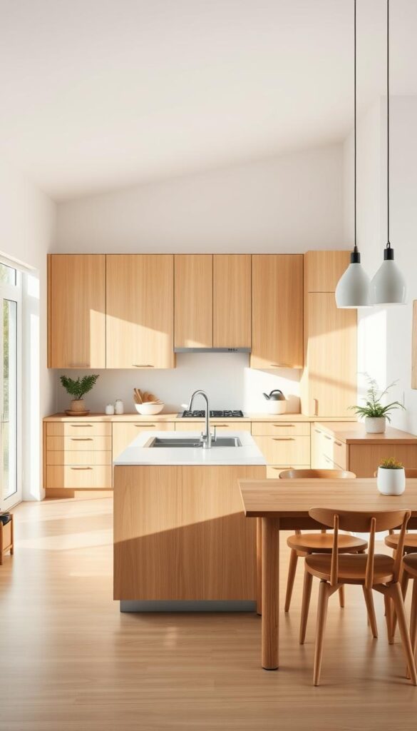 A well-lit, spacious Scandinavian kitchen with a central island, bathed in natural sunlight filtering through large windows. The cabinets and countertops are crafted from warm, light-toned natural wood, complemented by clean white walls and minimalist steel fixtures. Sleek, angular lines and a lack of clutter create a serene, uncluttered ambiance. A wooden dining table with matching chairs sits adjacent, inviting casual meals and gatherings. Subtle pops of greenery, such as potted plants, add a fresh, nature-inspired touch to the overall design.
