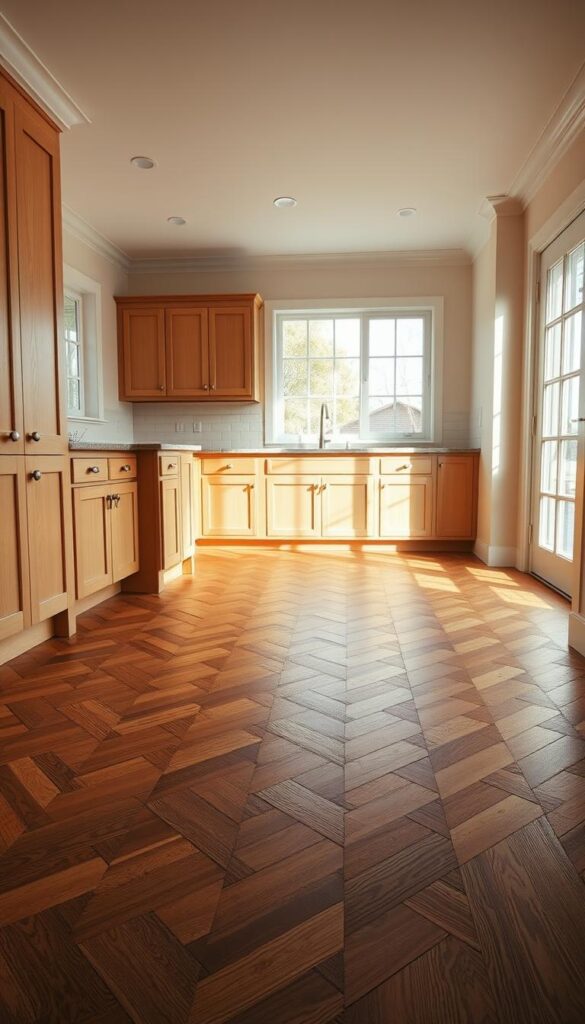 A well-lit, spacious kitchen interior with newly installed hardwood flooring. The floor planks are rich, reddish-brown oak, arranged in a traditional herringbone pattern that adds visual interest and a sense of timeless elegance. Warm, diffused lighting filters in through large windows, casting a soft glow on the wood's natural grain and texture. The kitchen countertops and cabinets are a complementary neutral tone, allowing the beauty of the hardwood to take center stage. A slight perspective from the side provides a detailed view of the intricate, interlocking wood installation. The overall scene exudes a cozy, inviting atmosphere, showcasing how hardwood flooring can bring warmth and character to a classic kitchen design.