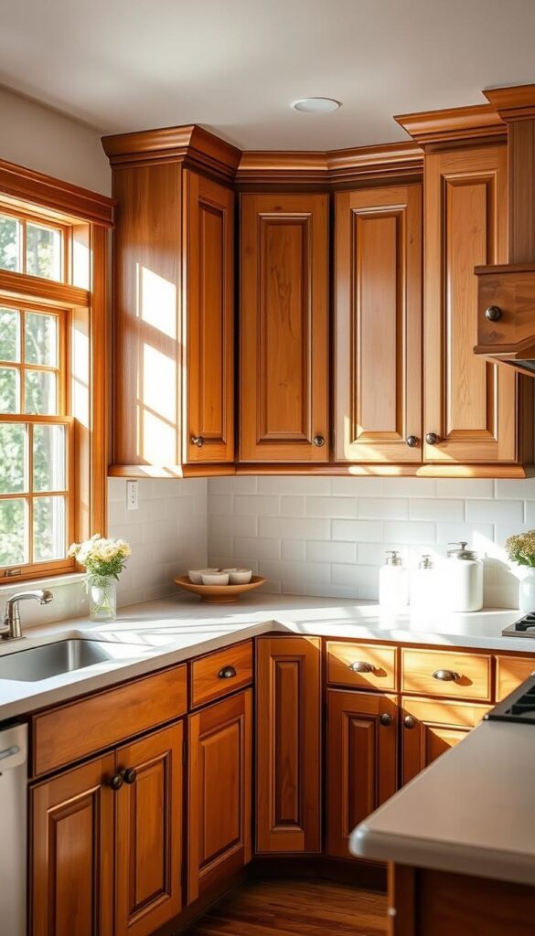 Cottage kitchen cabinets with shaker style doors, crafted from warm wood tones. The cabinets feature recessed panel doors and simple yet elegant hardware, creating a timeless, country-inspired aesthetic. Soft natural lighting filters through the windows, casting a gentle glow across the space. The countertops are a complementary neutral color, adding to the overall cohesive and inviting atmosphere. The entire scene exudes a sense of classic charm and rustic elegance, perfect for a cozy cottage-style kitchen.