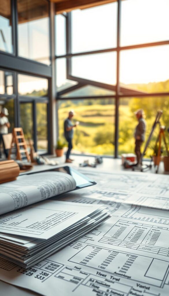 Detailed architectural blueprint of a modern, energy-efficient home undergoing sustainable renovations. Focus on the foreground, showcasing a stack of documents, financial statements, and a tablet displaying budget calculations. In the middle ground, a contractor and homeowner discussing plans, surrounded by tools and materials. The background features a scenic, sun-dappled landscape with lush greenery, highlighting the home's integration with nature. Lighting is soft and diffused, creating a warm, inviting atmosphere. The overall composition conveys the thoughtful planning and investment required to finance sustainable home improvements.