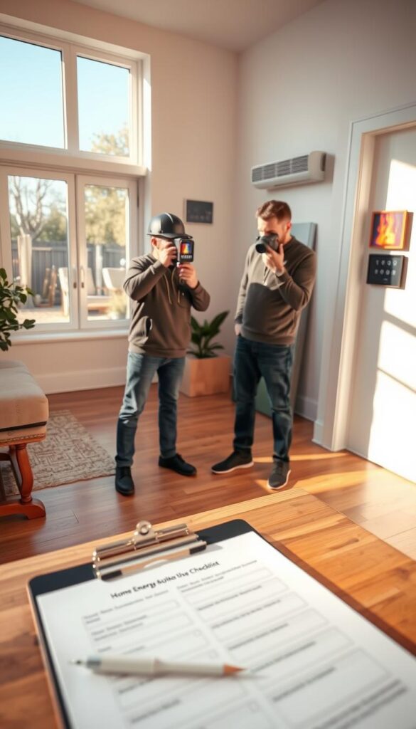 Detailed home energy assessment scene, bright and airy living room with large windows, hardwood floors, and minimalist furnishings. In the foreground, a clipboard and pen on a table, alongside an energy efficiency checklist. In the middle ground, a home energy auditor examining the walls and outlets, using a thermal imaging camera. The background features an HVAC unit and a smart home control panel on the wall, indicating the comprehensive nature of the assessment. The lighting is natural, with warm sunlight filtering through the windows, creating a sense of comfort and efficiency. The overall mood is one of professionalism and a commitment to sustainable home improvements.
